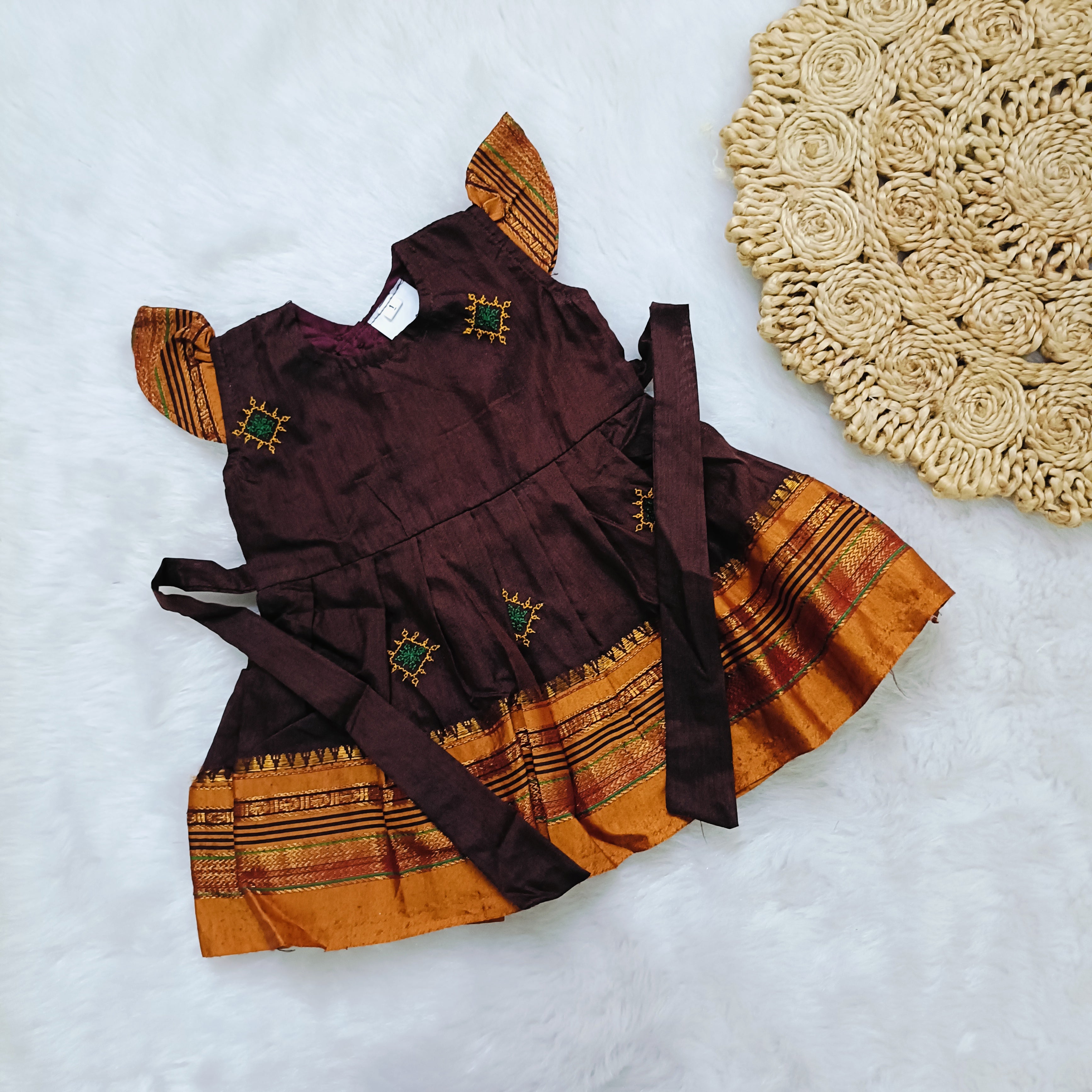 Ethnic dresses for baby girl | Kashida | Coffee Brown & Orange Zari & Kashida Base