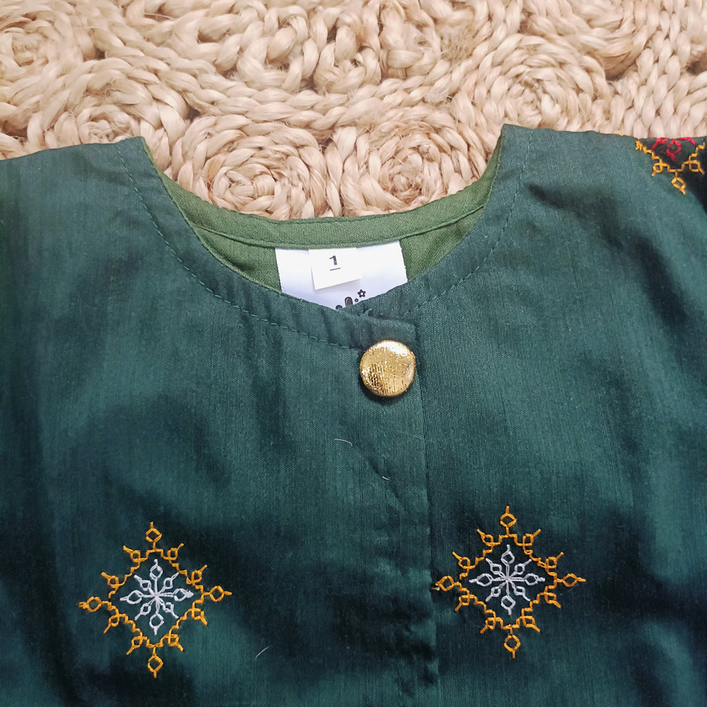 Ethnic wear Set for Boys | Kashida Dark Green | Shirt & Pant
