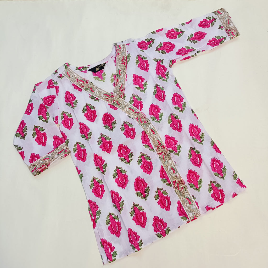 Kurta Set for Girls | White & Pink Flower With dupatta