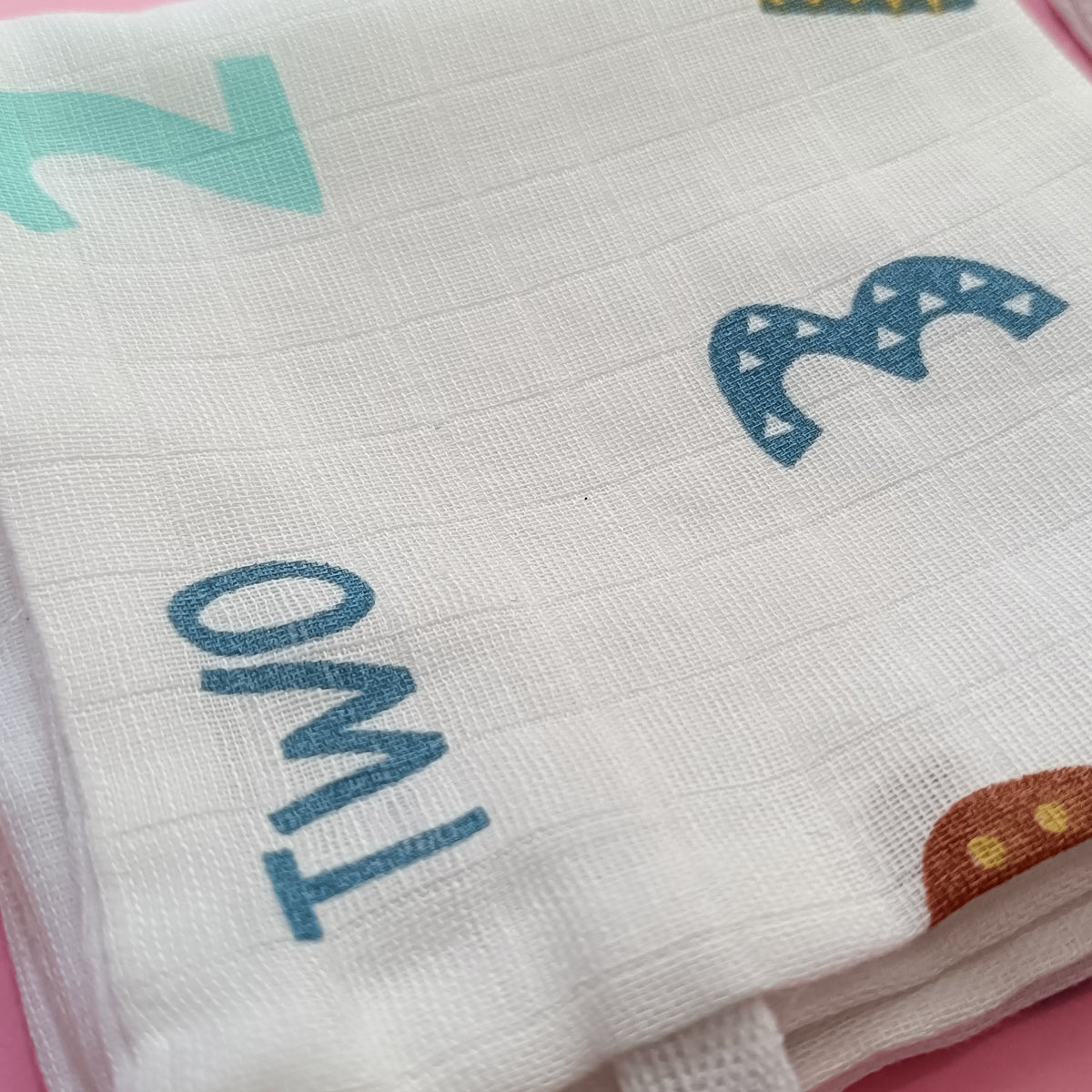Muslin Cotton | Hanky | Dinosaur & Number | 3 Layered