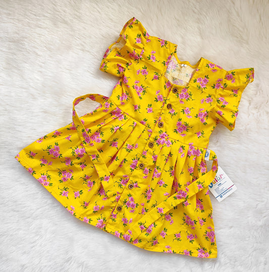 Cotton Frock - Yellow Pink Flower