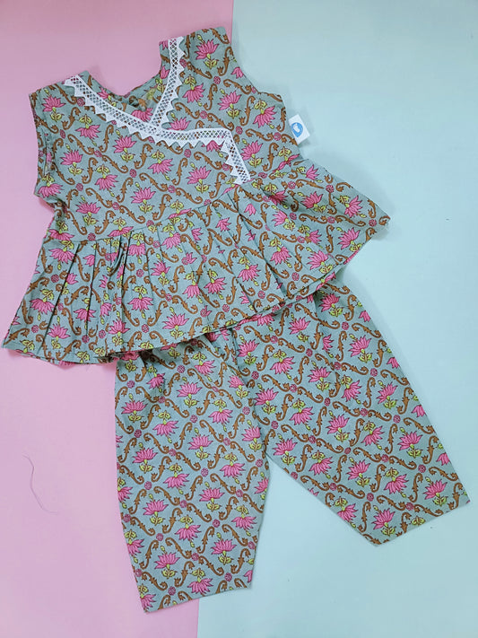 Frock style Co-ord Set - Green Base pink lotous