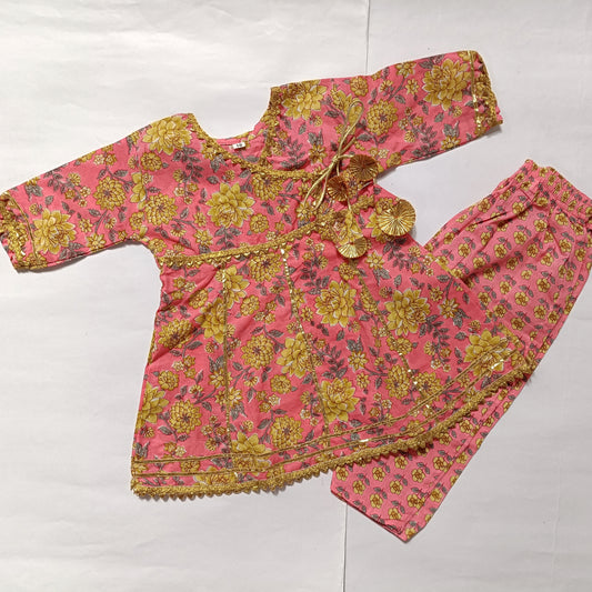 Ethnic Dress -  Pink base yellow flower