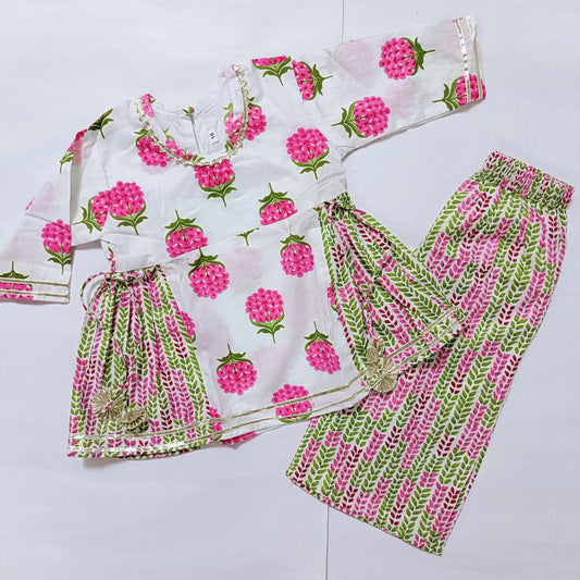 Ethnic Dress -  White Pink flower