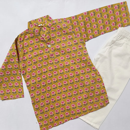 Long Kurta - Mustard Base pink flower