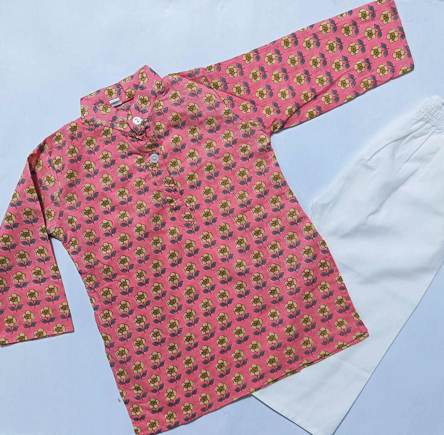 Long Kurta - Pink Base yellow flower