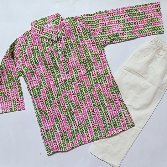 Long Kurta - Pink & green leaf