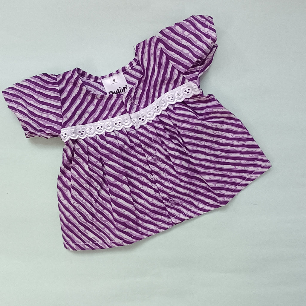 Purple striped dress with white lace trim on a light gray background

