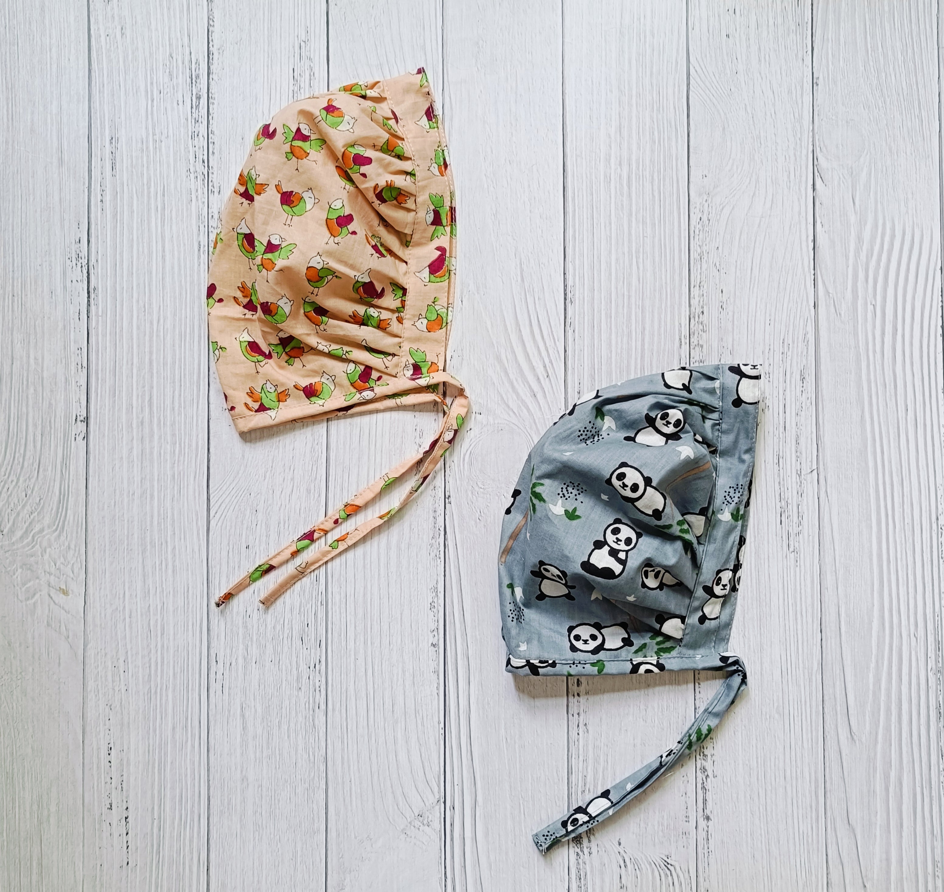 Cotton Bonnet Cap | Grey Panda & Peach Sparrow
