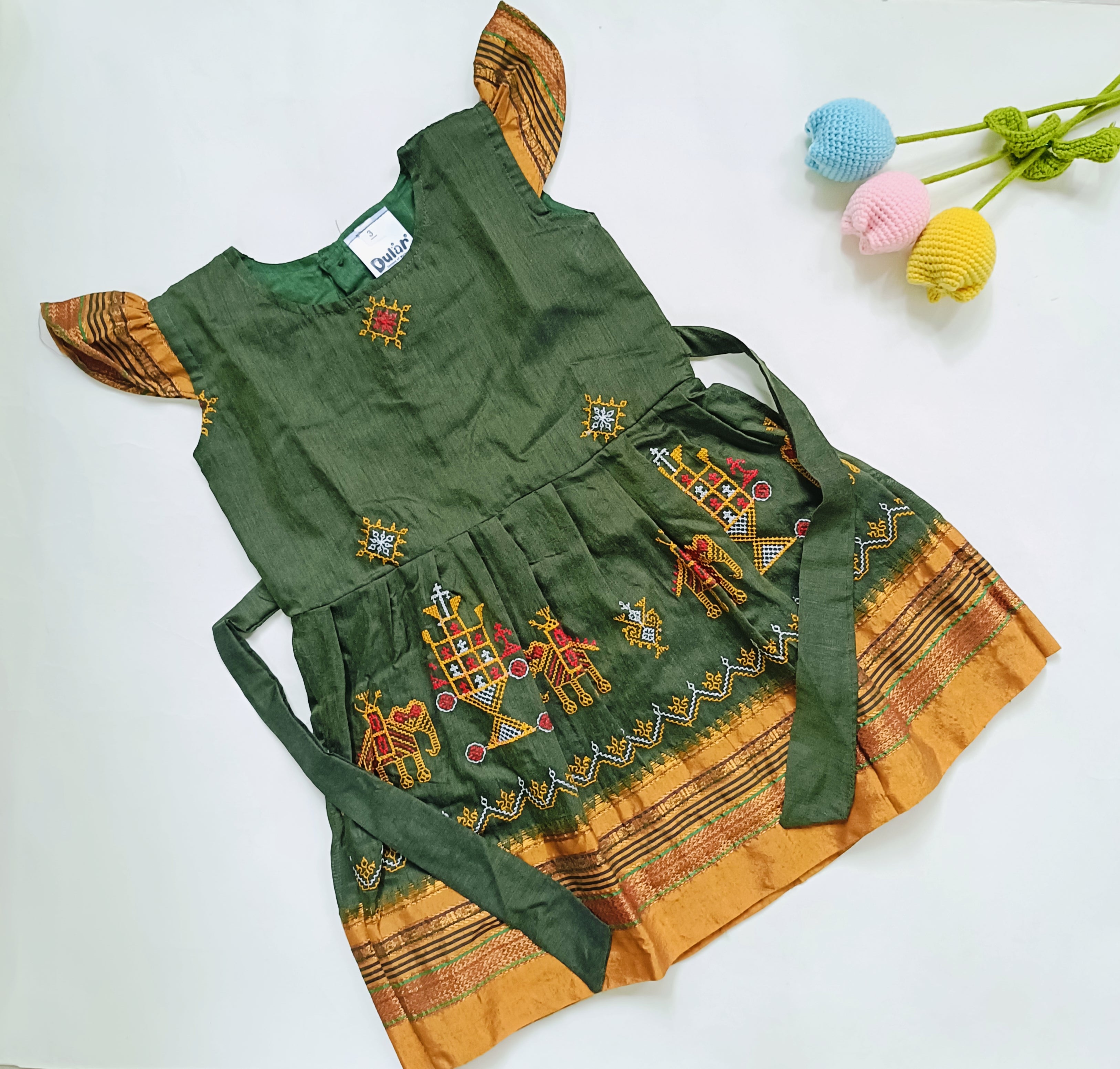 Ethnic dresses for baby girl | Kashida | Olive Green