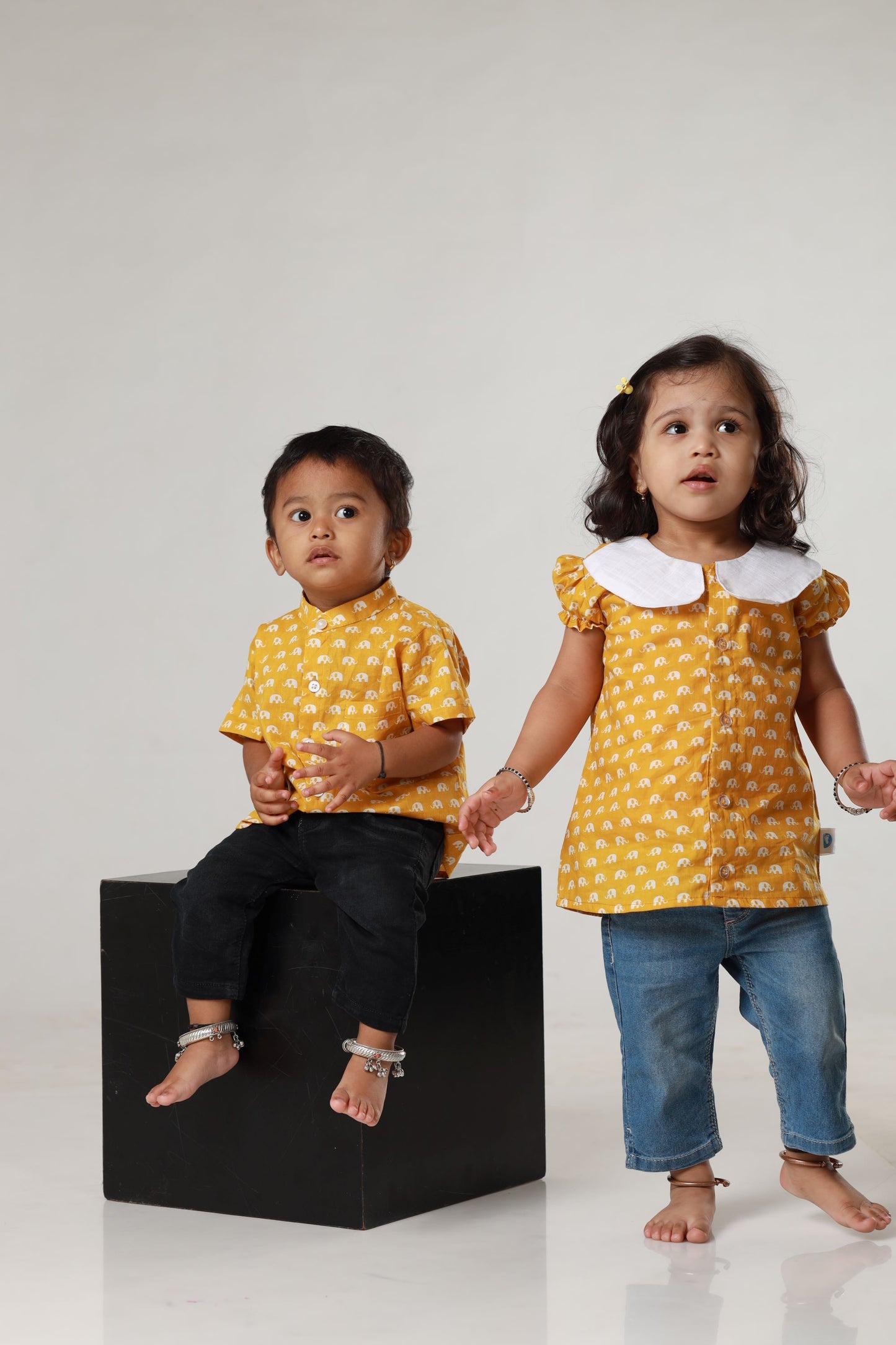 Jaipur Cotton Sibling Set - Mustard elephant