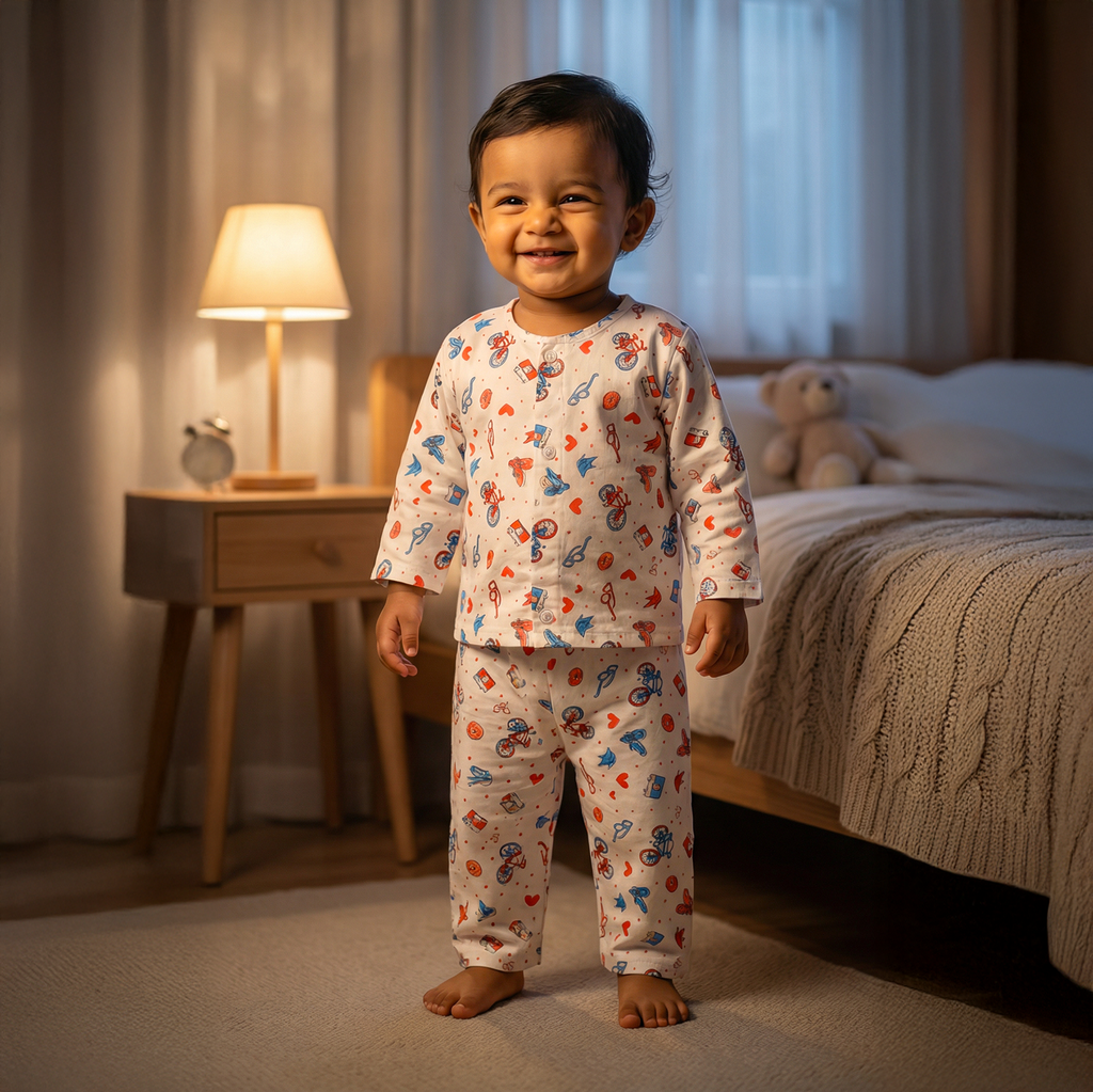 Cotton Night Suits for Kids | Red Cycle (Full Sleeves)