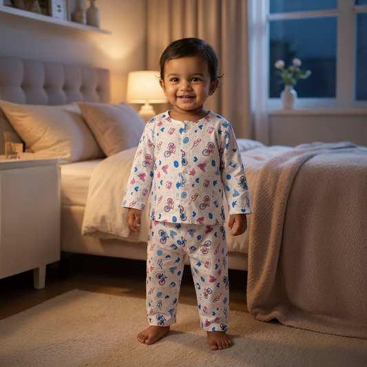 Cotton Night Suits for Kids | Pink Cycle (Full Sleeves)