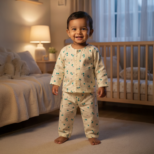 Cotton Night Suits for Kids | Lemon Yellow | Green Flower (Full Sleeves)