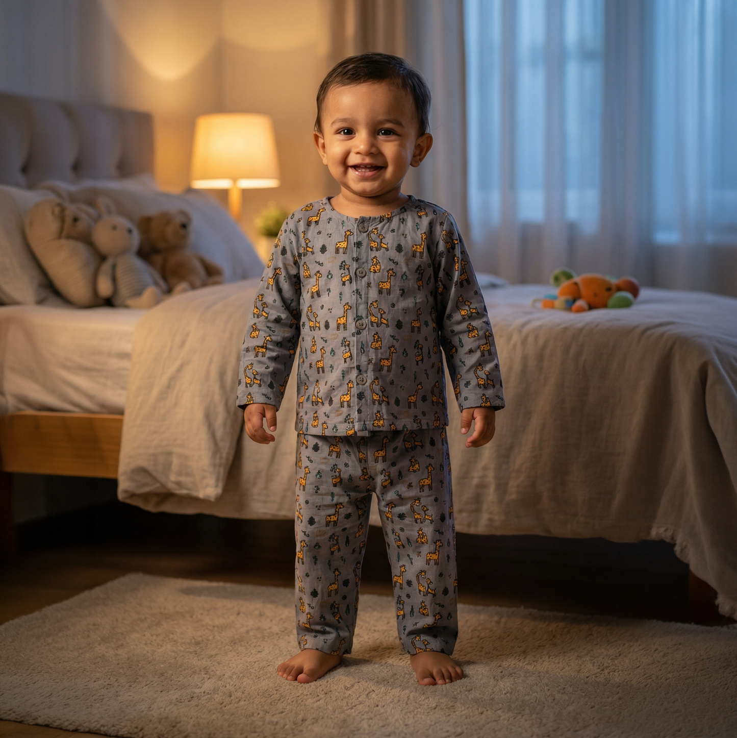 Cotton Night Suits for Kids | Blueish Grey Giraffe | Full Sleeves