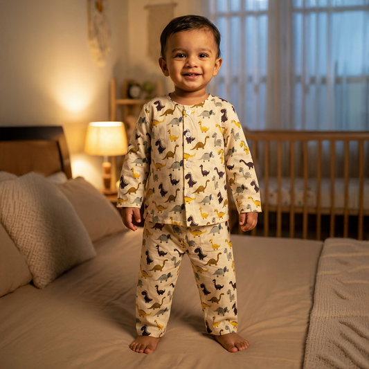 Cotton Night Suits for Kids | Cream Dinosaur | Full Sleeves