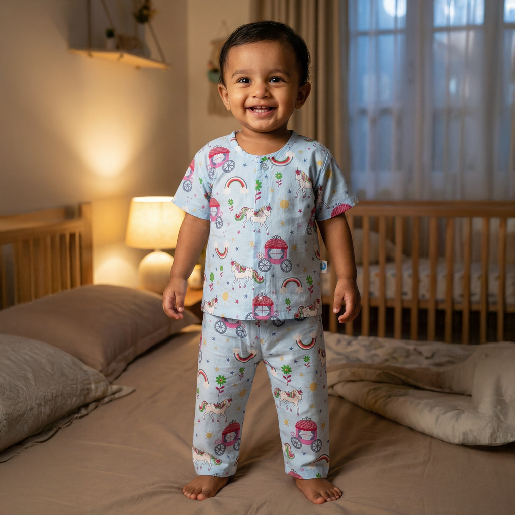 Cotton Night Suits for Kids | Blue & Brown Unicorn