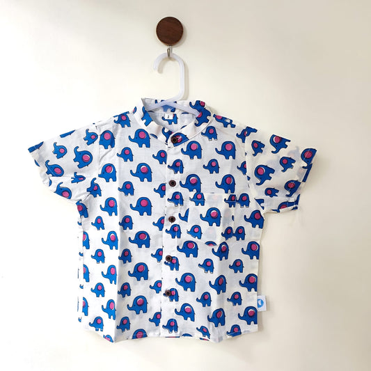 Cotton Shirt - White with Pink & blue elephant