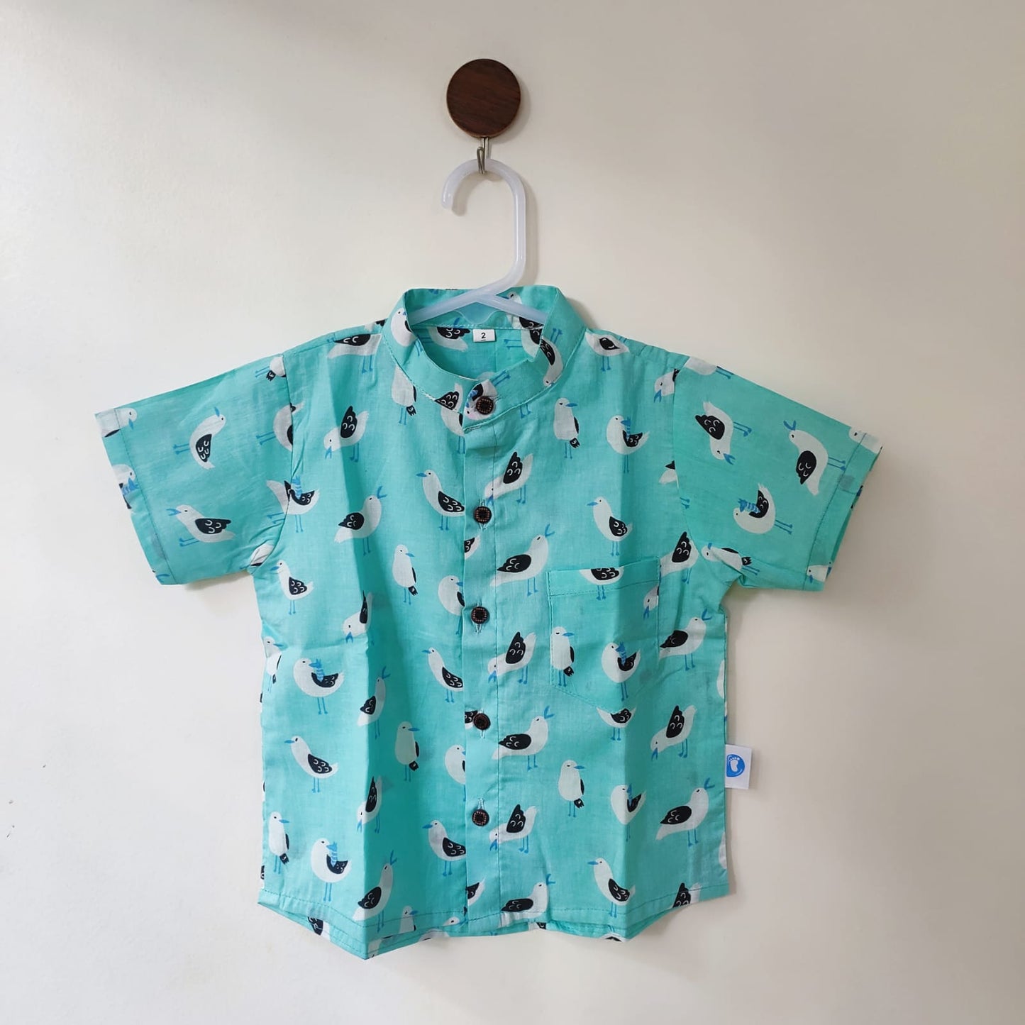 Cotton Shirt - Ocean blue with sparrows