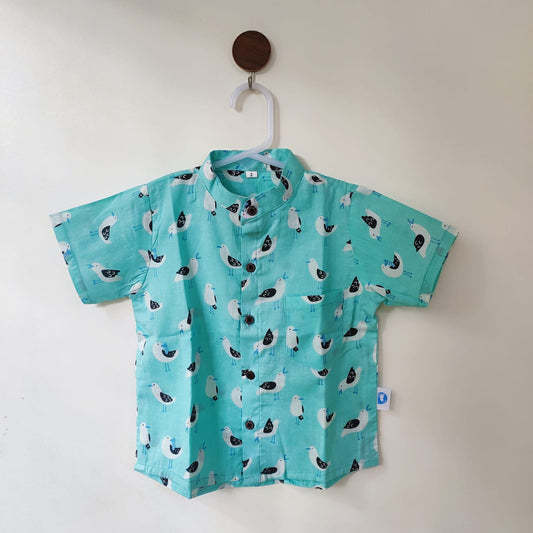 Cotton Shirt - Ocean blue with sparrows