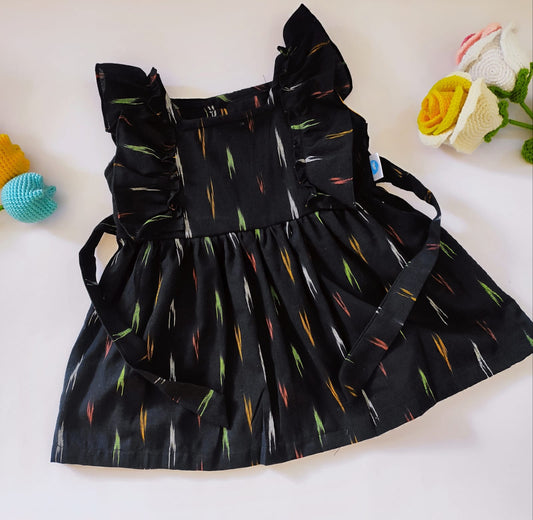 Cotton Frock - Black With multi-colour strips