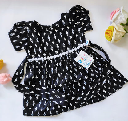 Cotton Floral Printed Baby Girl Frock | Black