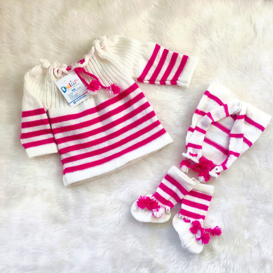 Knot-Type Sweater Set - White with Pink with rabbit cap