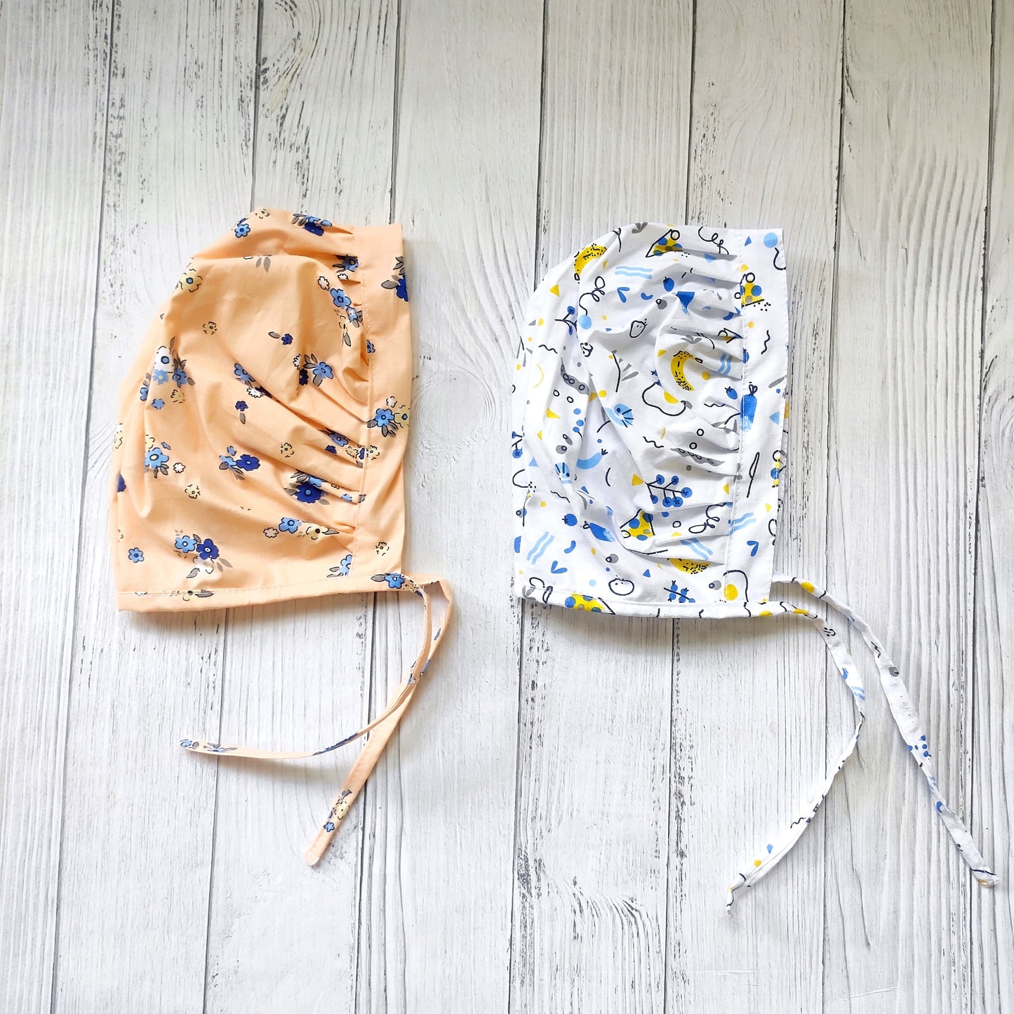 Cotton Bonnet Cap Peach Flower & Blue Food  (Pack of 2)