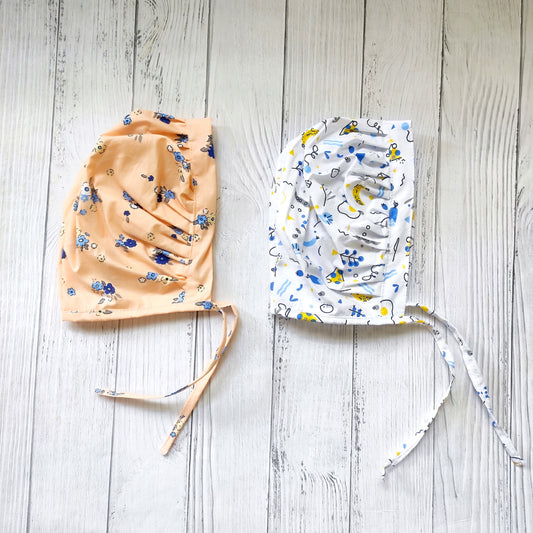 Cotton Bonnet Cap Peach Flower & Blue Food  (Pack of 2)