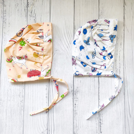 Cotton Bonnet Cap Orange unicorn & Blue cycle (Pack of 2)