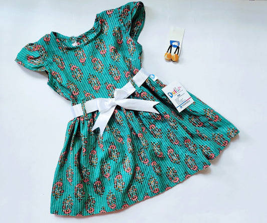 Cotton Frock - Green with kantha