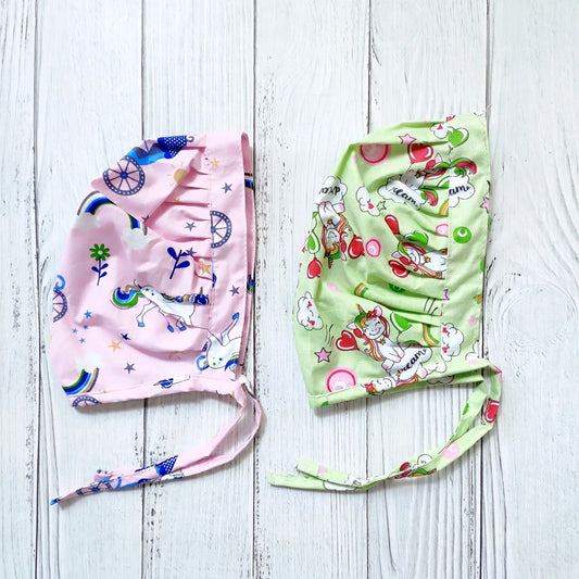 Cotton Bonnet Cap Pista & Pink unicorn