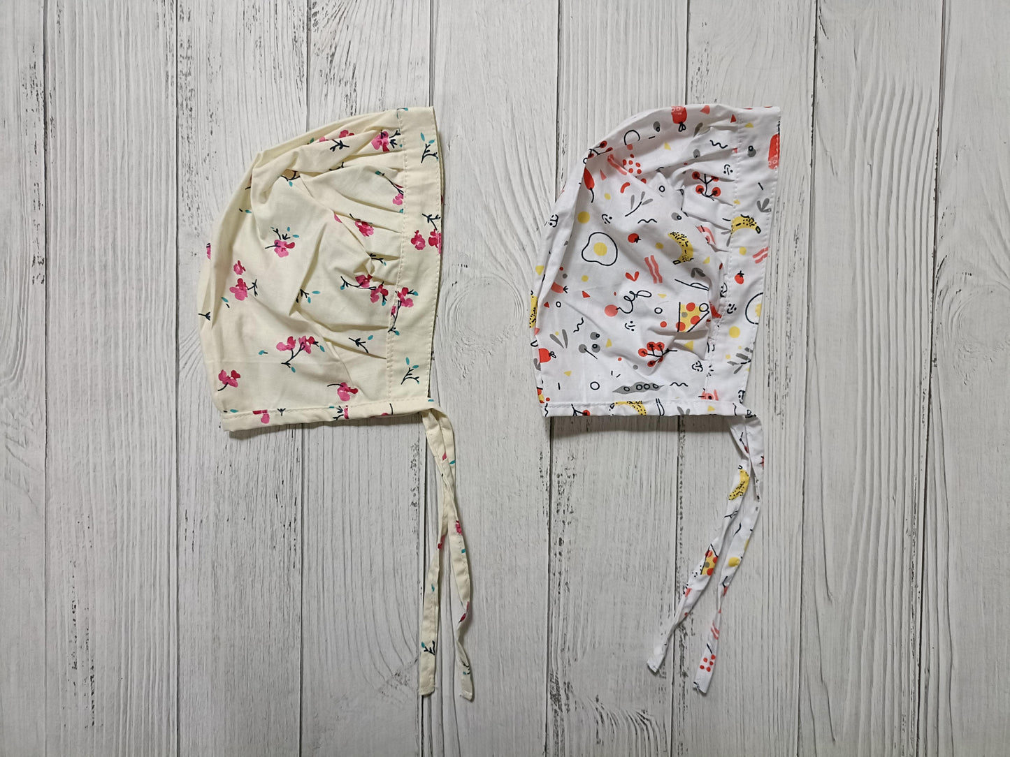Cotton Bonnet Cap pink flower & orange food