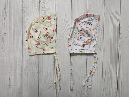 Cotton Bonnet Cap pink flower & orange food