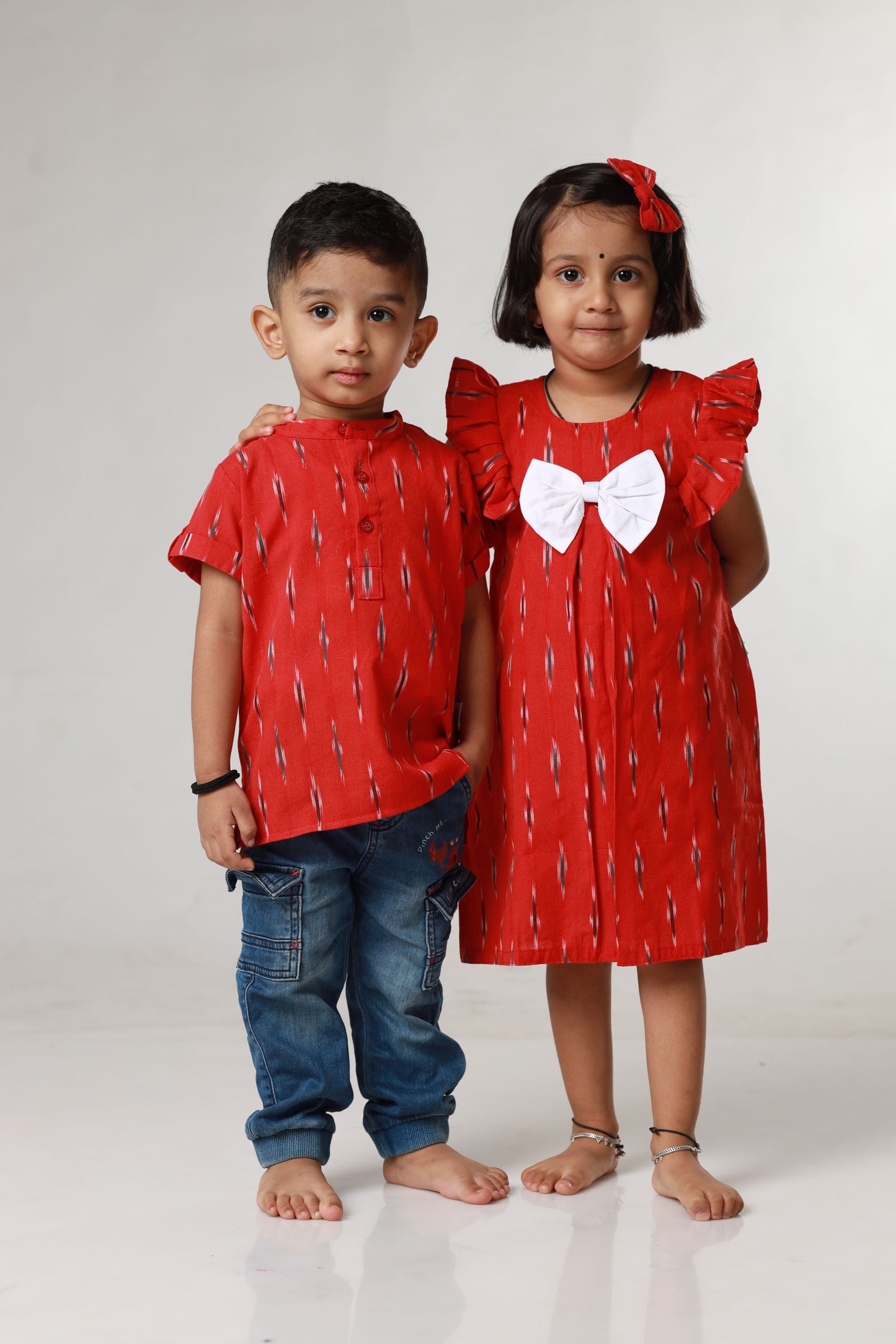 Ikkat Cotton Sibling Set - Red