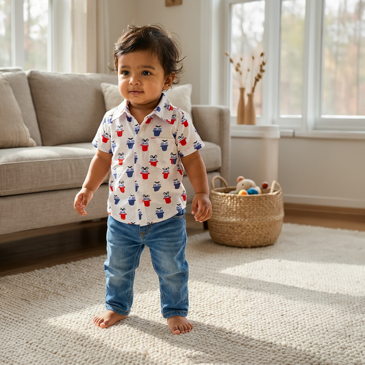 Cotton Shirt | Red & Blue Hat