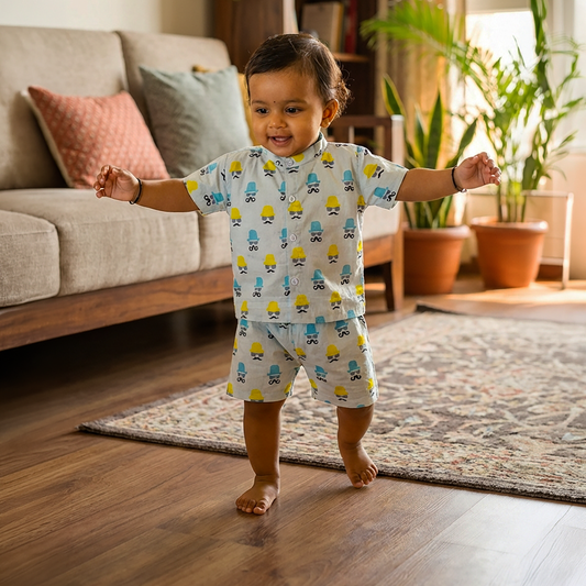 co ord set for kids | Hat & moustache | Blue & Yellow