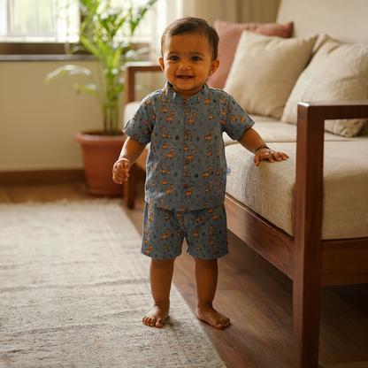 co ord set for kids | Giraffe | Bluish grey