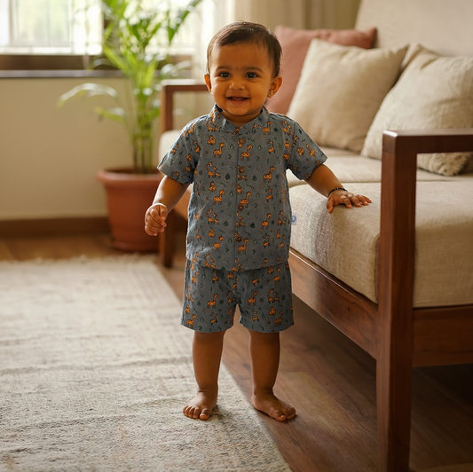 co ord set for kids | Giraffe | Bluish grey