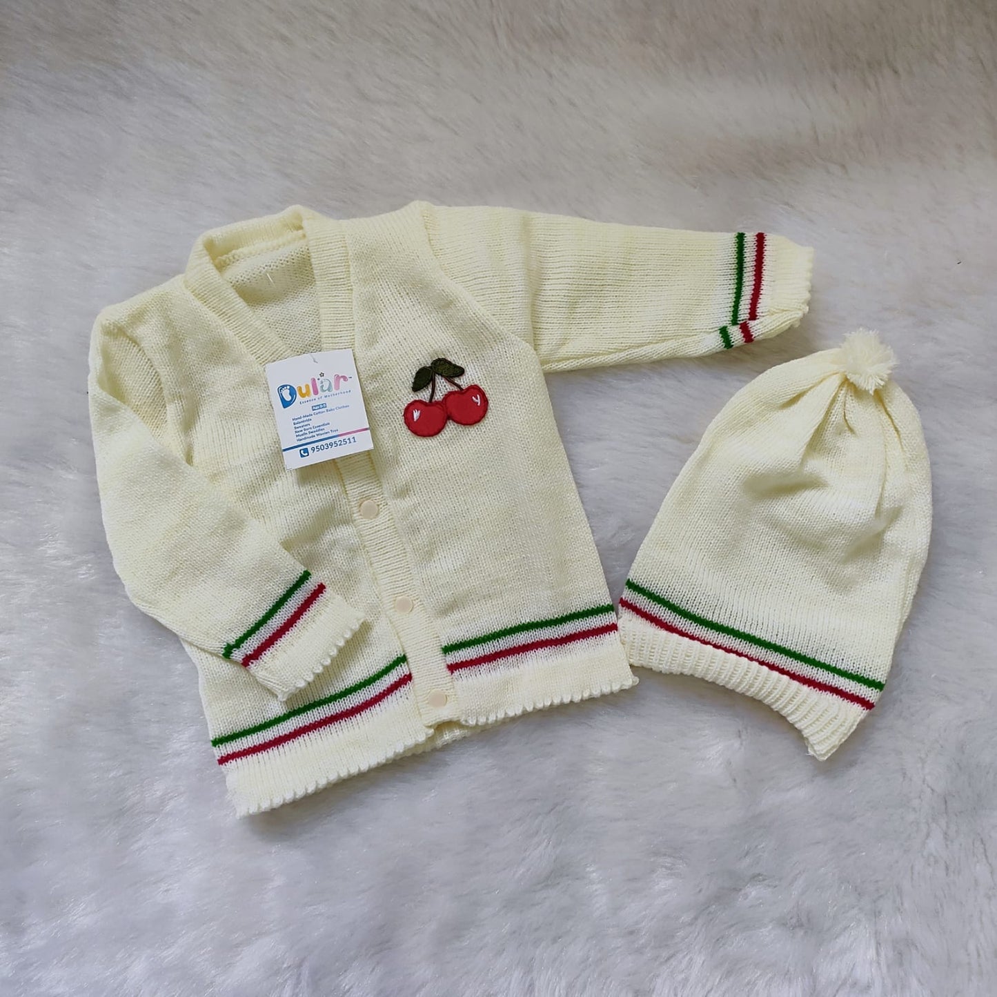 Cheery Sweater Set with Cap and Socks - Cream